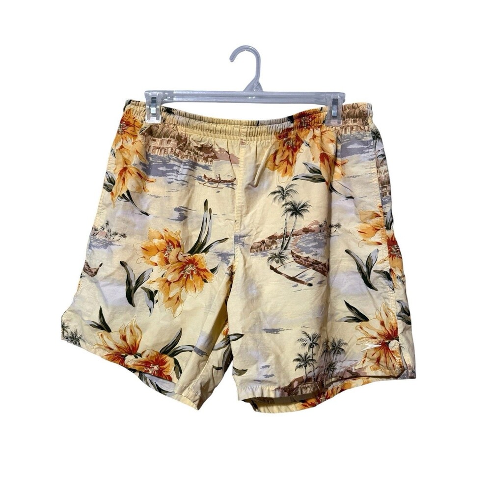 Speedo Vintage Hawaiian Scenic Swim Trunks Tropical Floral Made In Taiwan Men M